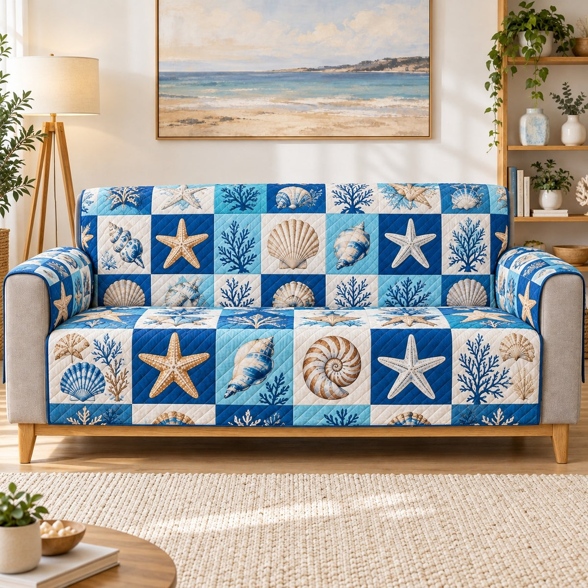 Blue Coastal Shell Patchwork Sofa Cover, sofa mockup