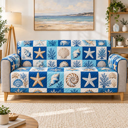 Blue Coastal Shell Patchwork Sofa Cover, Decorative Couch Protector, Gift for Beach Lovers