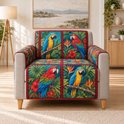 Scarlet Blue Macaw Patchwork Sofa Cover, AI-generated armchair mockup