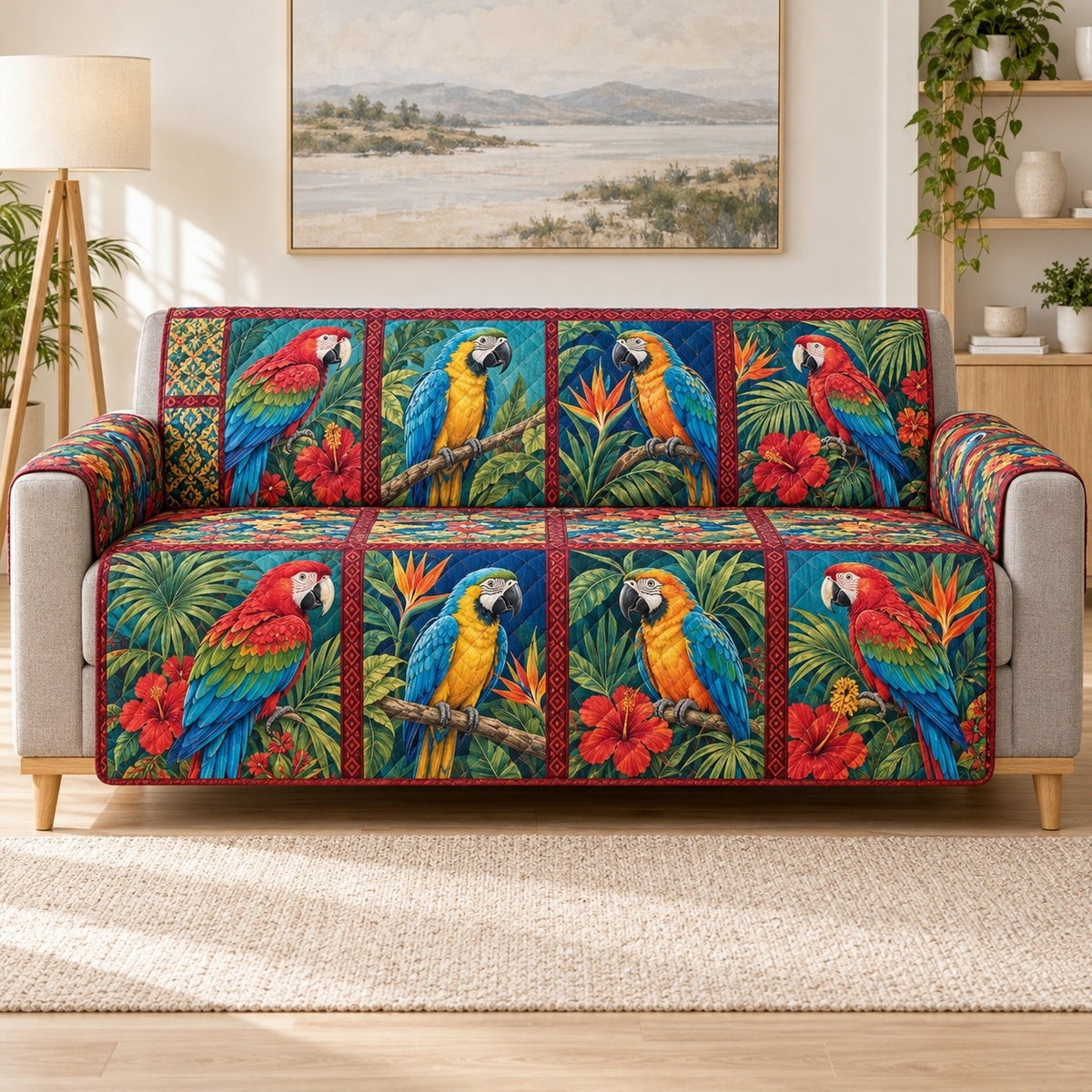 Scarlet Blue Macaw Patchwork Sofa Cover, sofa mockup