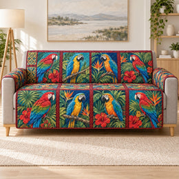 Scarlet Blue Macaw Patchwork Sofa Cover, Decorative Couch Protector, Gift for Parrot Lovers