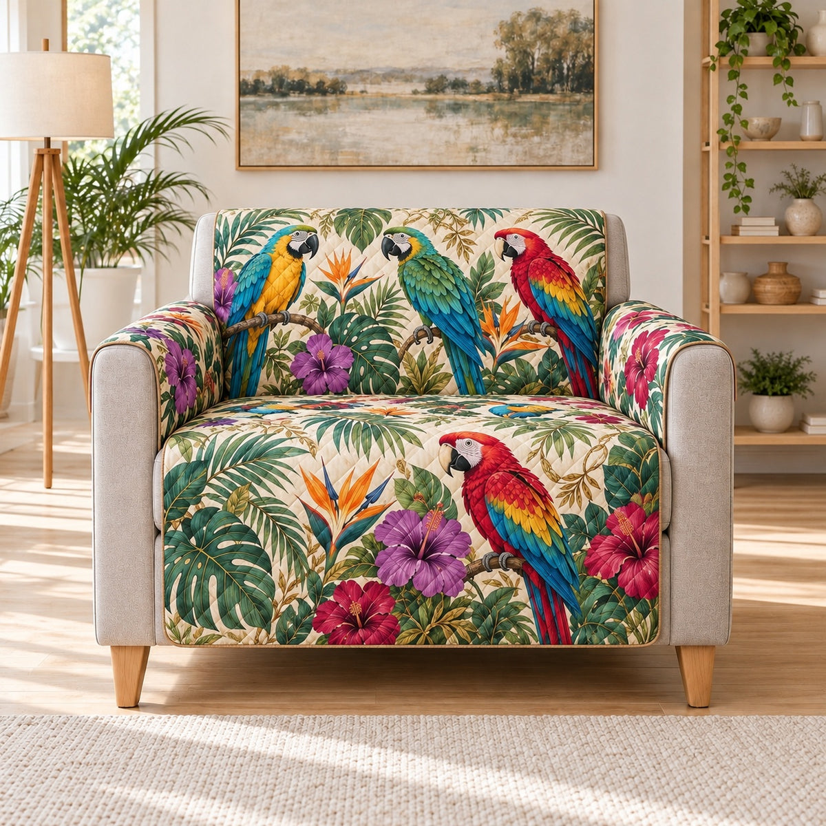 Tropical Macaw Hibiscus Sofa Cover, AI-generated armchair mockup