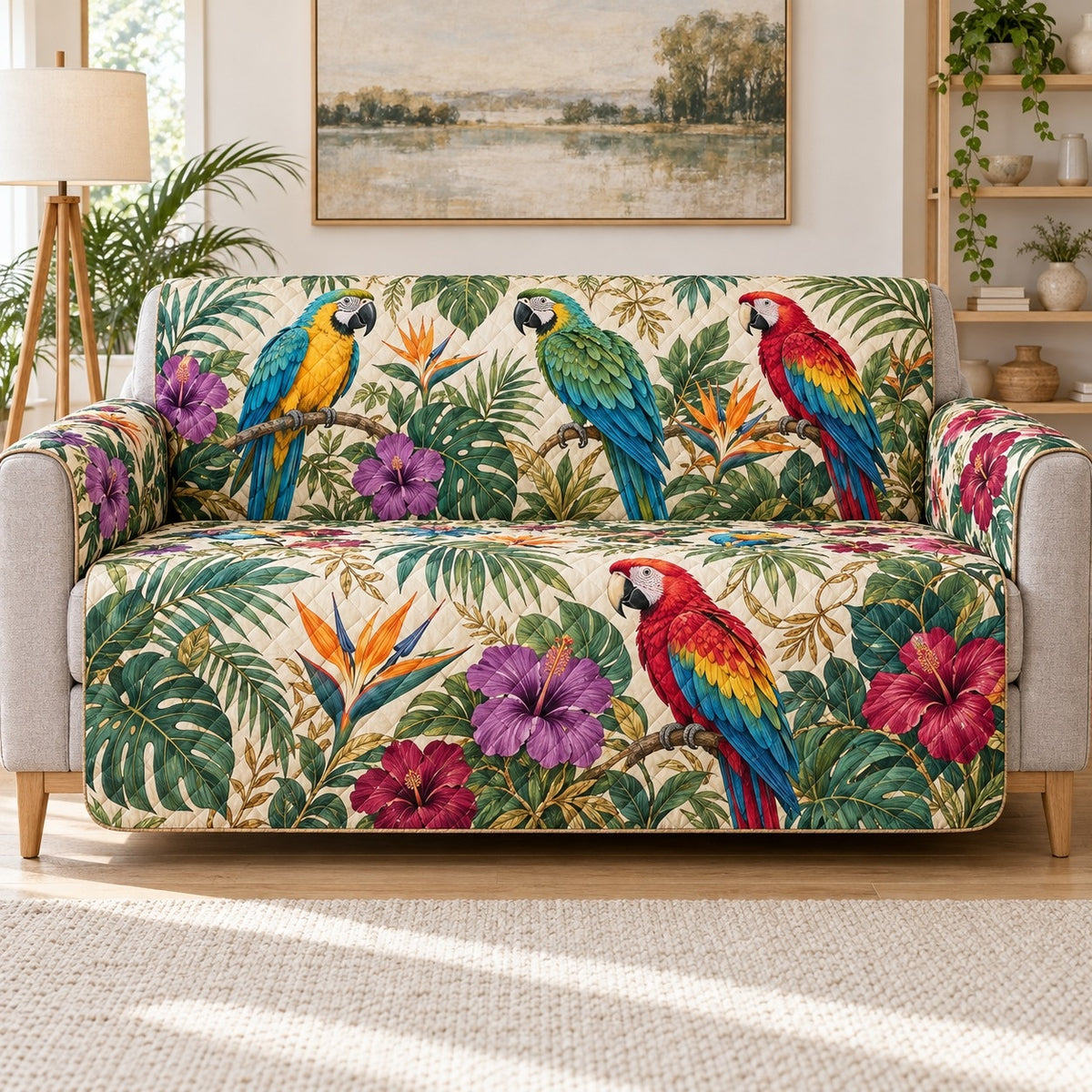 Tropical Macaw Hibiscus Sofa Cover, sofa mockup