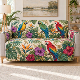 Tropical Macaw Hibiscus Sofa Cover, Decorative Couch Protector, Gift for Parrot Lovers