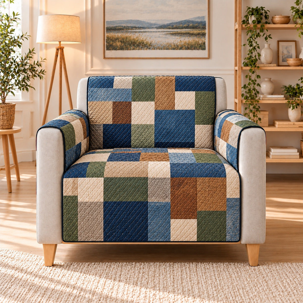 Earth Tone Patchwork Sofa Cover, AI-generated armchair mockup