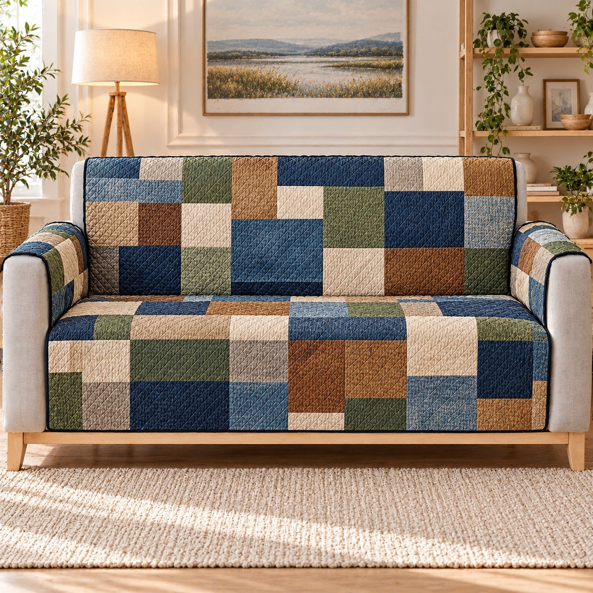 Earth Tone Patchwork Sofa Cover, sofa mockup