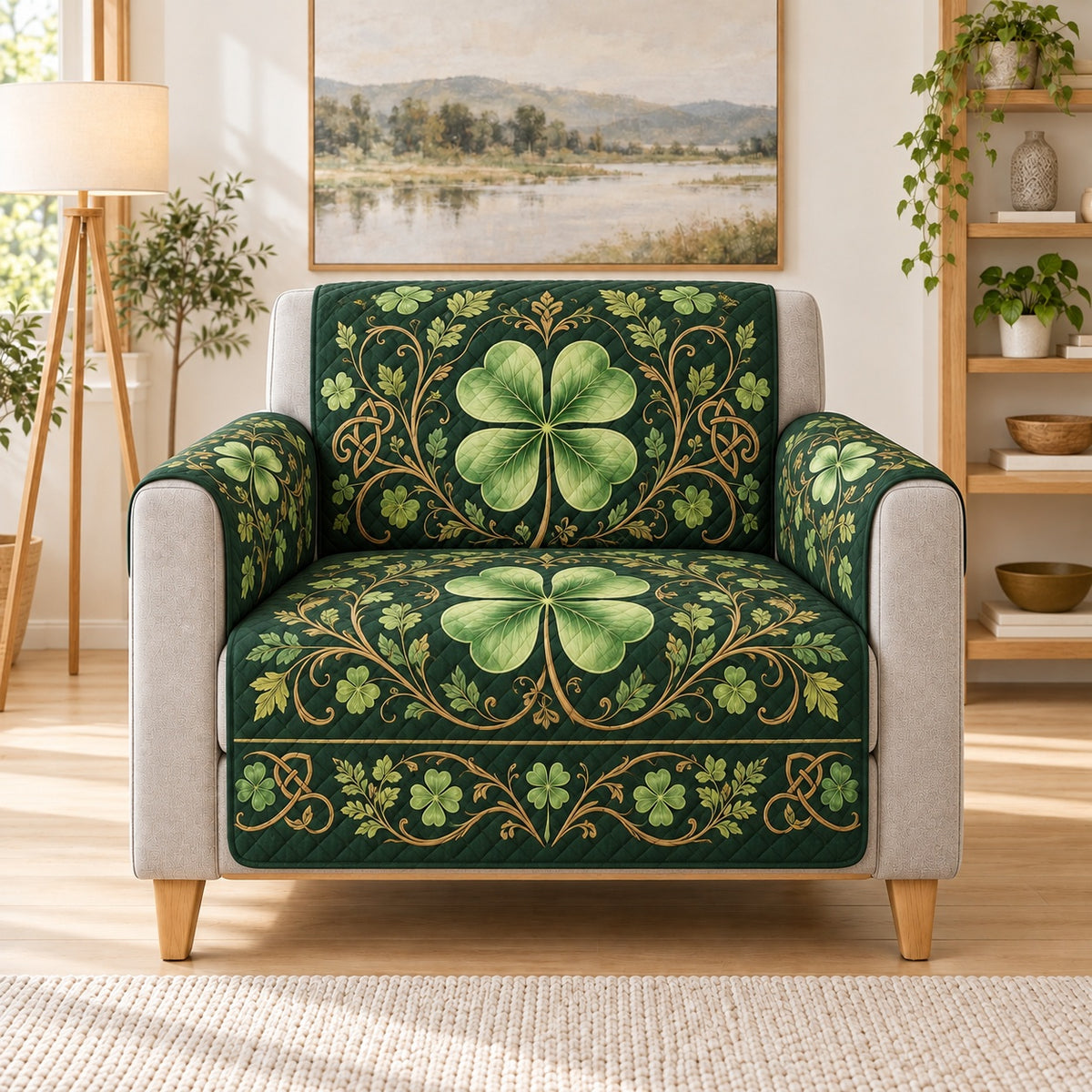 Emerald Four Leaf Clover Sofa Cover, AI-generated frontal armchair mockup