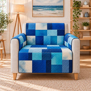 Ocean Blue Patchwork Sofa Cover, AI-generated armchair mockup