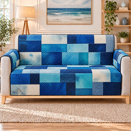 Ocean Blue Patchwork Sofa Cover, Decorative Couch Protector, Gift for Blue Decor Lovers