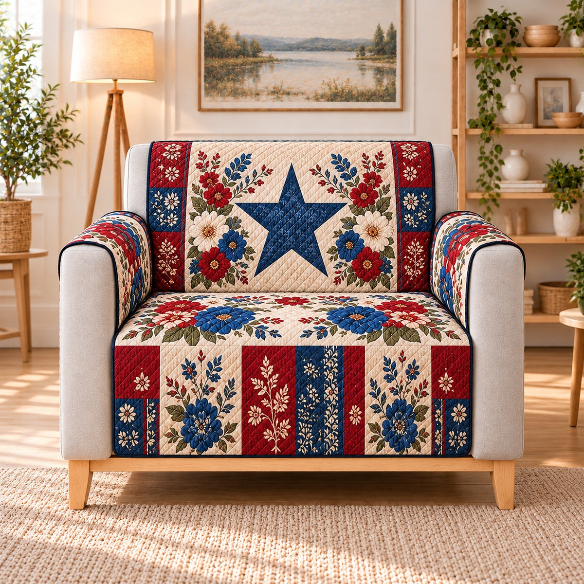 Rustic Star Floral Patchwork Sofa Cover, AI-generated armchair mockup