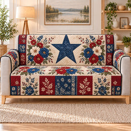 Rustic Star Floral Patchwork Sofa Cover, Decorative Couch Protector, Gift for Patriotic Decor Lovers
