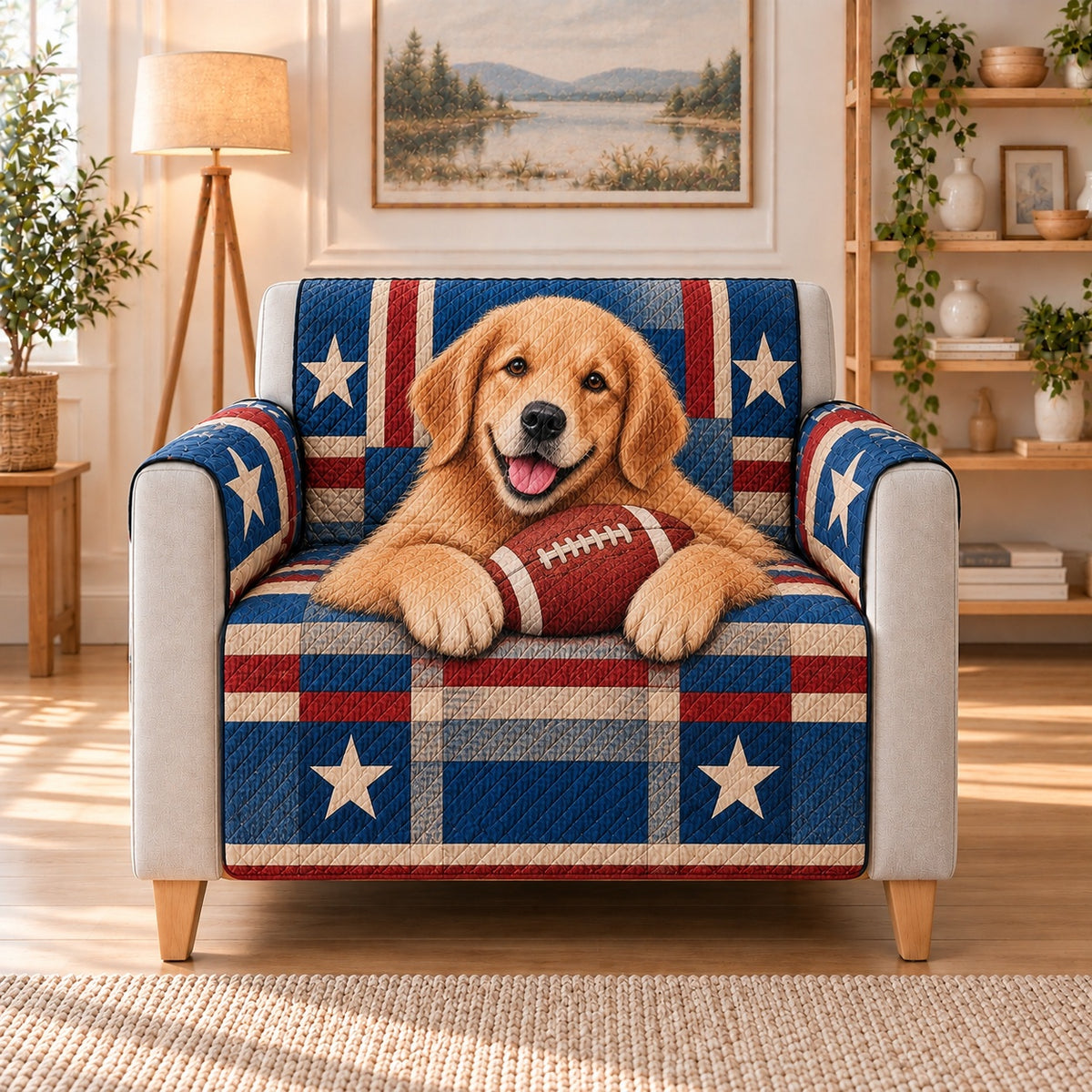 Golden Retriever Football Sofa Cover, AI-generated armchair mockup