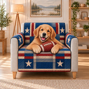 Golden Retriever Football Sofa Cover, AI-generated armchair mockup
