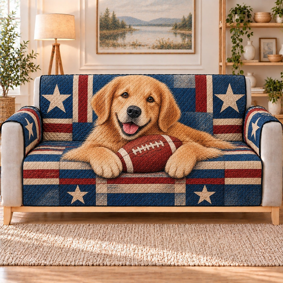 Golden Retriever Football Sofa Cover, sofa mockup