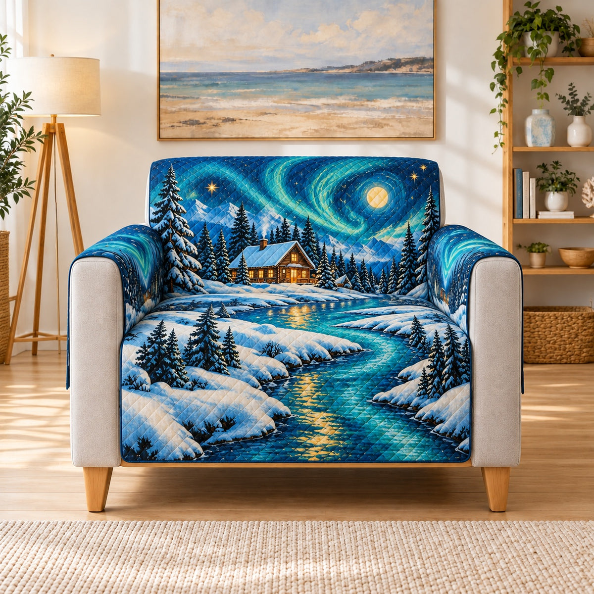 Winter Cabin Starry Sky Sofa Cover, AI-generated armchair mockup