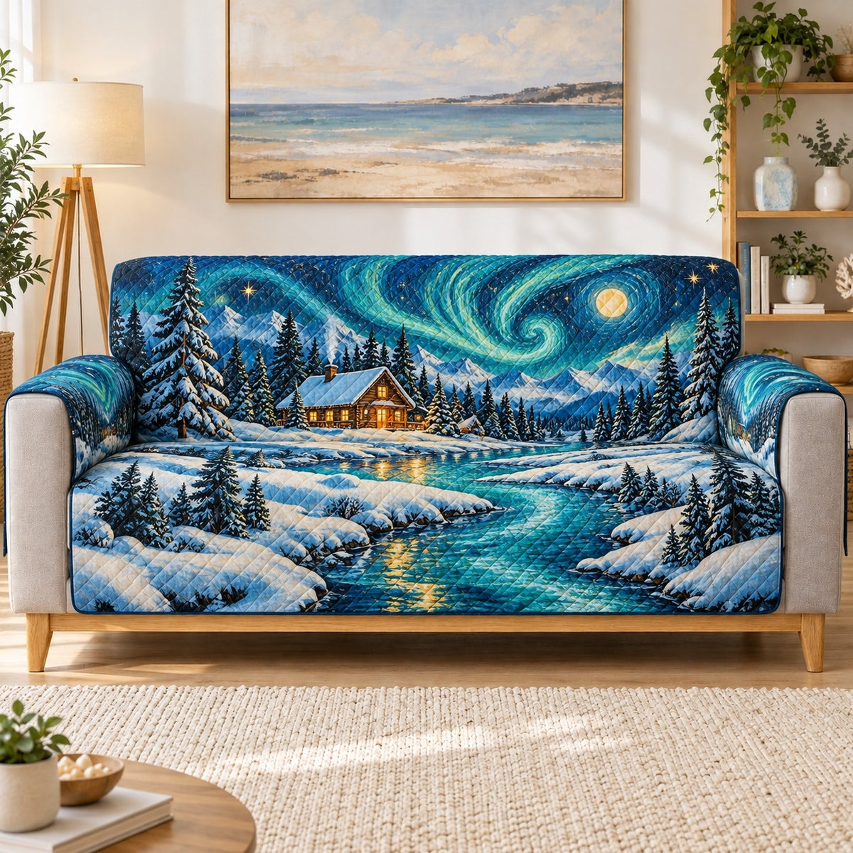 Winter Cabin Starry Sky Sofa Cover, sofa mockup