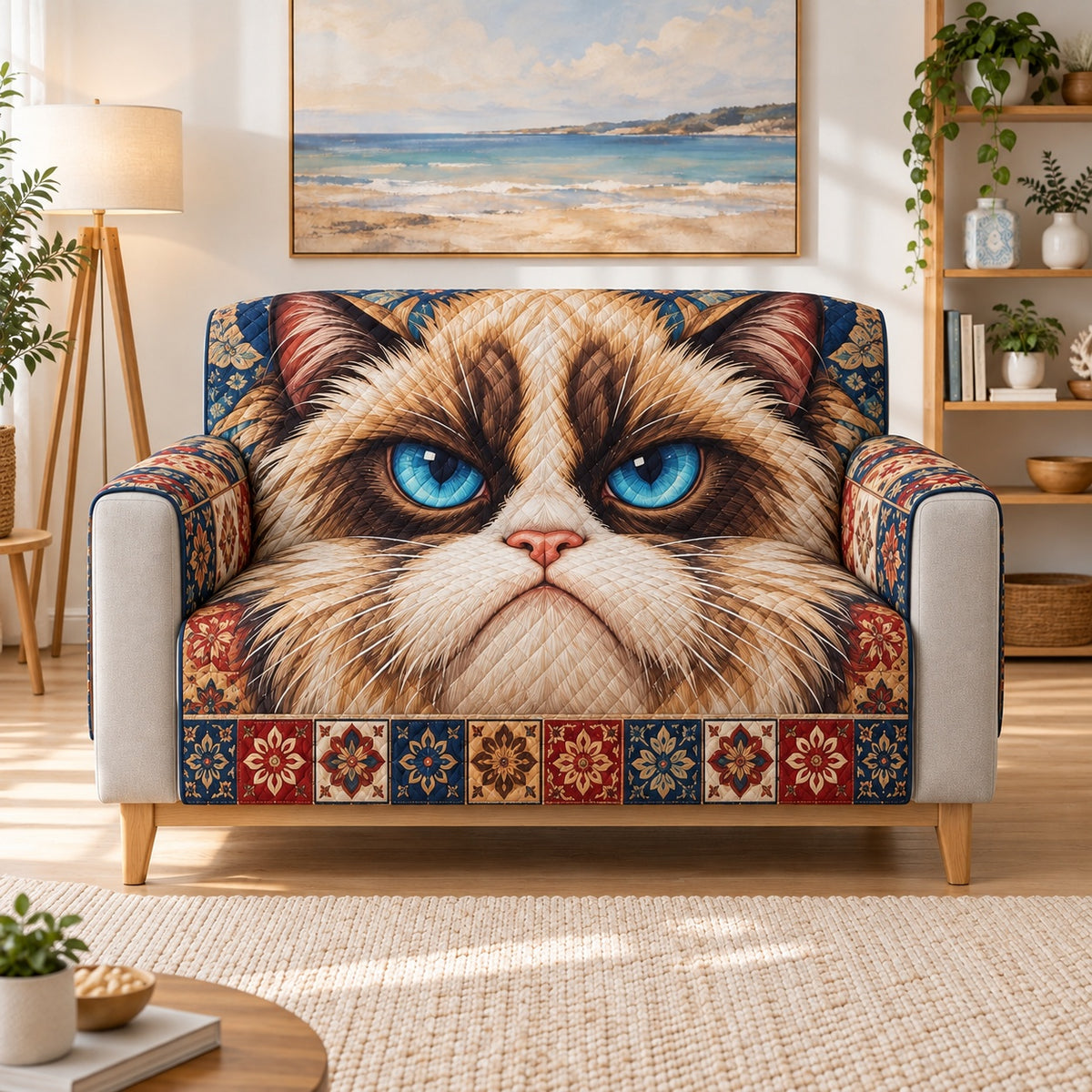 Blue Eyed Grumpy Cat Sofa Cover, AI-generated armchair mockup