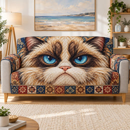 Blue Eyed Grumpy Cat Sofa Cover, Decorative Couch Protector, Gift for Cat Lovers