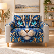 Royal Blue Gold Cat Sofa Cover, AI-generated armchair mockup