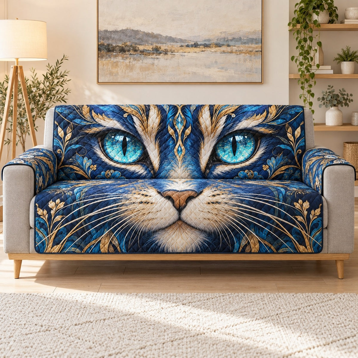 Royal Blue Gold Cat Sofa Cover, sofa mockup
