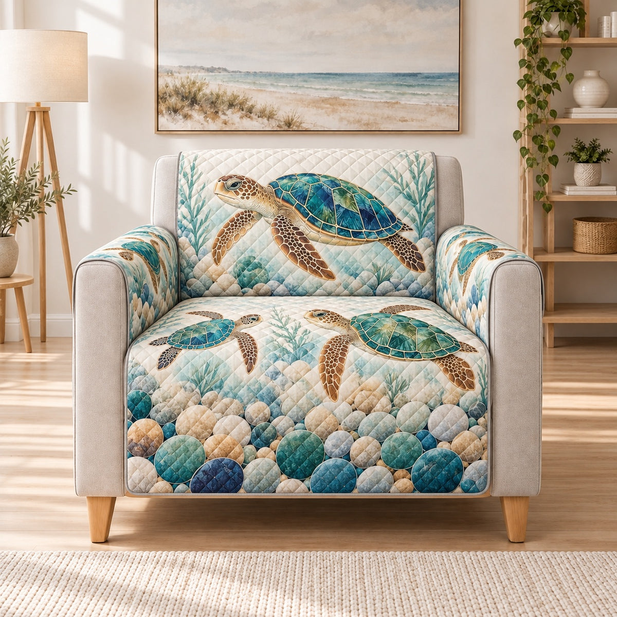 Sea Turtles Pebble Shore Sofa Cover, AI-generated armchair mockup