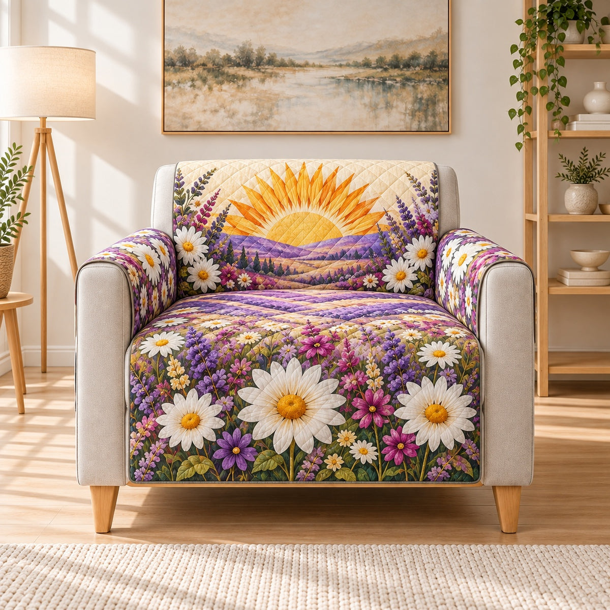 Daisy Sunrise Lavender Field Sofa Cover, AI-generated frontal armchair mockup