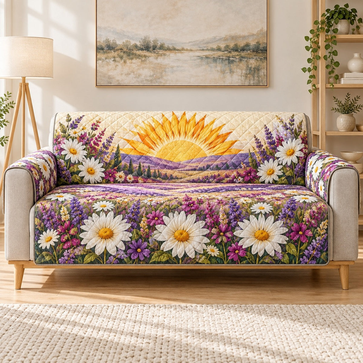 Daisy Sunrise Lavender Field Sofa Cover, sofa mockup