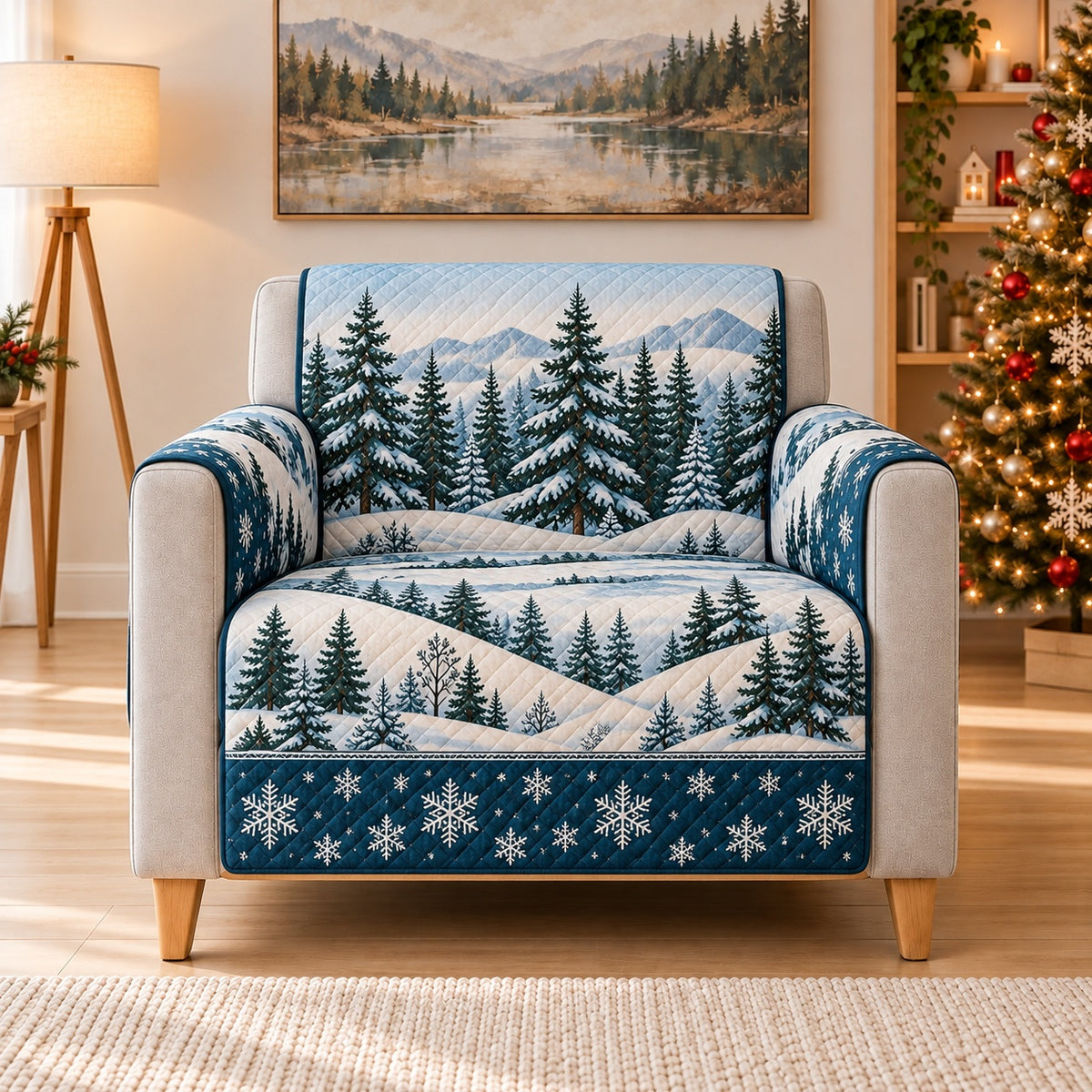 Snowy Pine Forest Sofa Cover, AI-generated armchair mockup