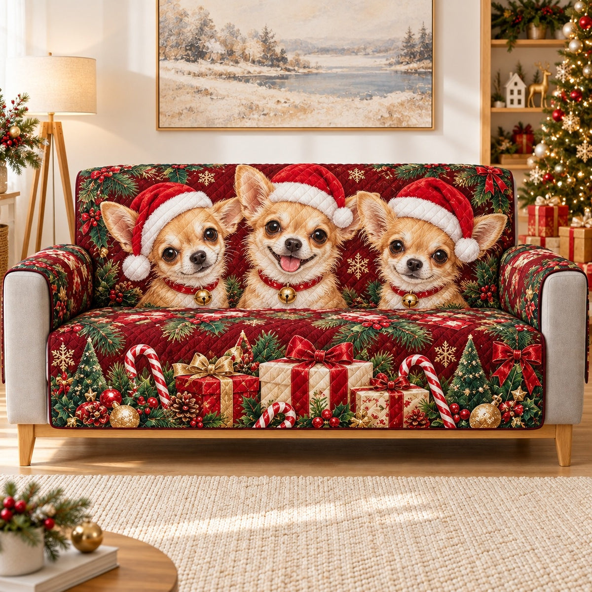 Christmas Chihuahua Trio Sofa Cover, sofa mockup