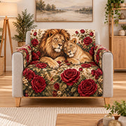 Lion Pair Red Roses Sofa Cover, AI-generated armchair mockup