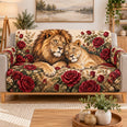 Lion Pair Red Roses Sofa Cover, Decorative Couch Protector, Gift for Lion Lovers