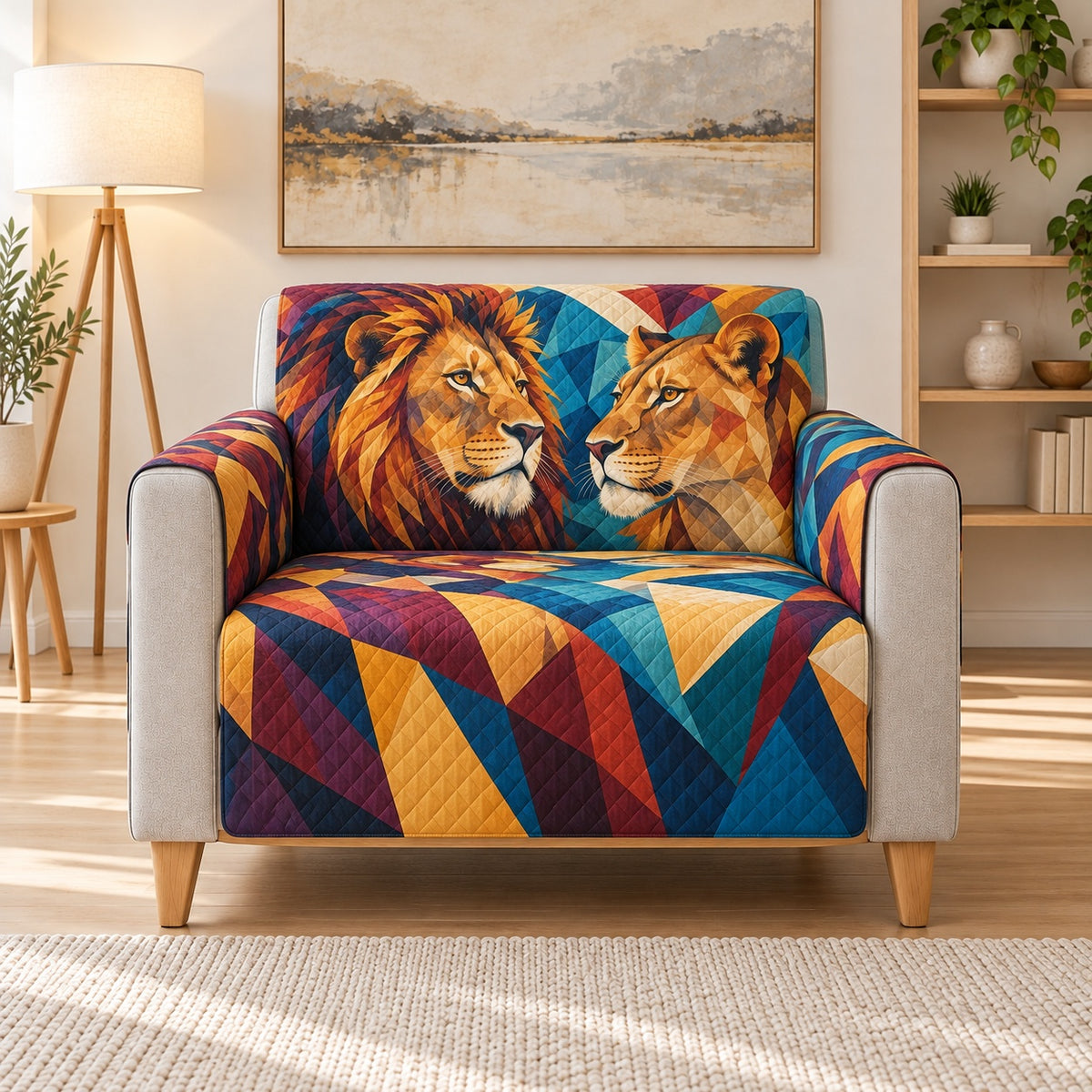 Geometric Lion Pair Sofa Cover, AI-generated armchair mockup