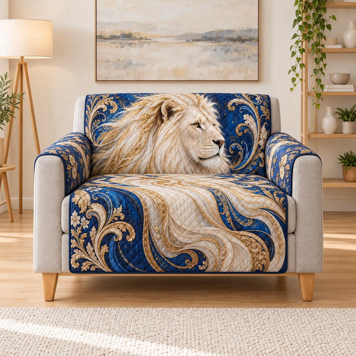 White Lion Royal Filigree Sofa Cover, AI-generated armchair mockup