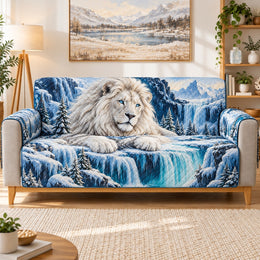 White Lion Frozen Waterfall Sofa Cover, Decorative Couch Protector, Gift for Lion Lovers