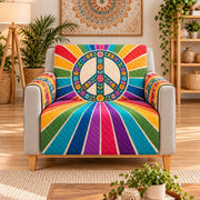 Rainbow Floral Peace Sign Sofa Cover, AI-generated armchair mockup
