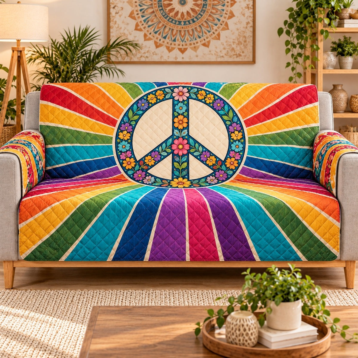 Rainbow Floral Peace Sign Sofa Cover, sofa mockup