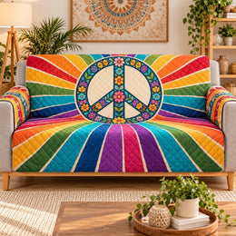 Rainbow Floral Peace Sign Sofa Cover, Decorative Couch Protector, Gift for Peace Lovers