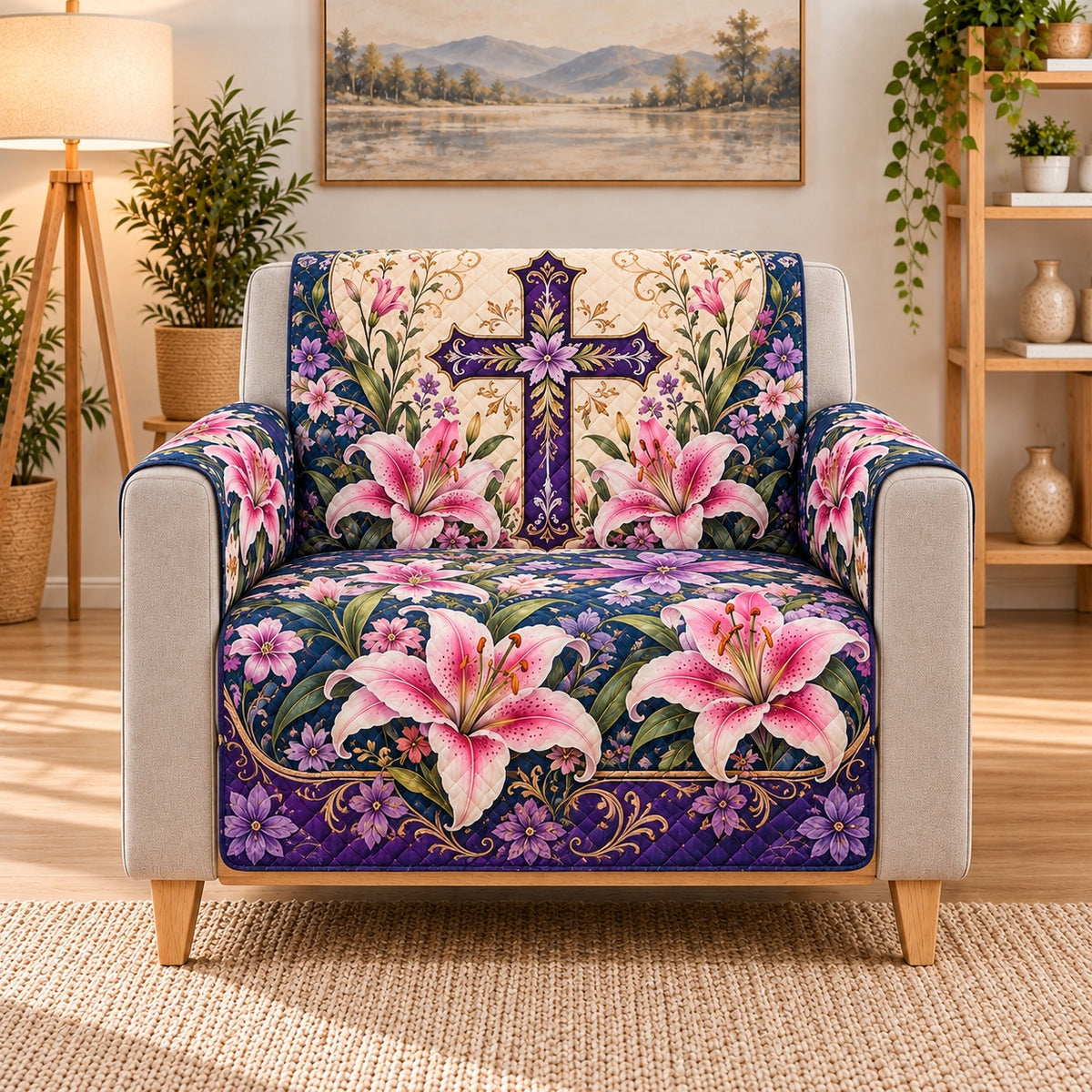 Purple Cross Pink Lilies Sofa Cover, AI-generated armchair mockup