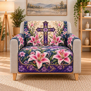 Purple Cross Pink Lilies Sofa Cover, AI-generated armchair mockup