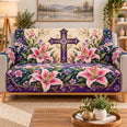Purple Cross Pink Lilies Sofa Cover, Decorative Couch Protector, Christian Home Decor Gift