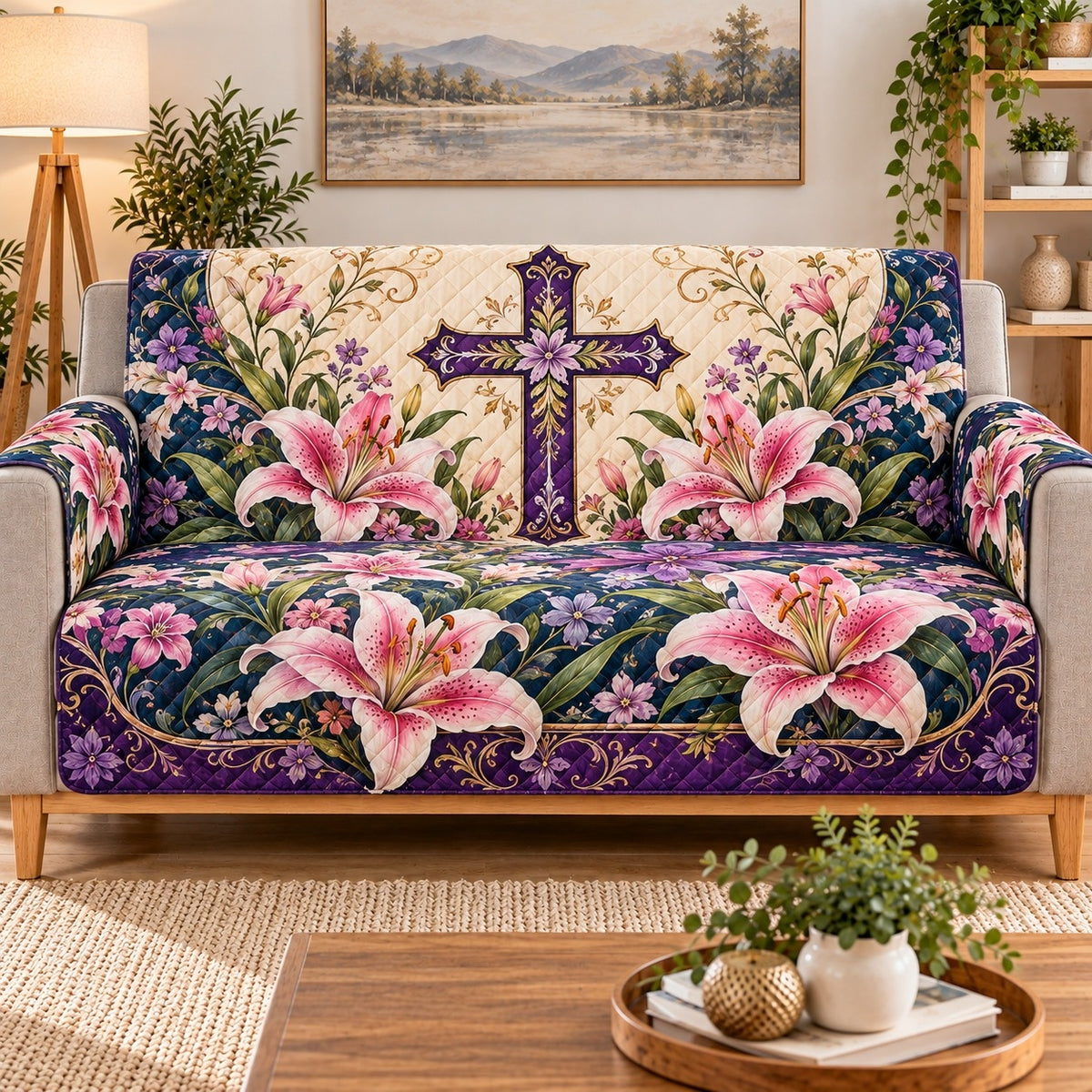 Purple Cross Pink Lilies Sofa Cover, sofa mockup