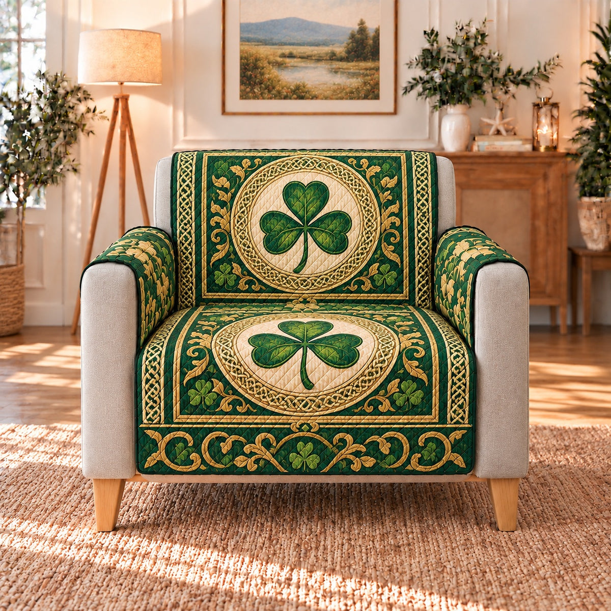 Shamrock Medallion Patchwork Sofa Cover, AI-generated frontal armchair mockup