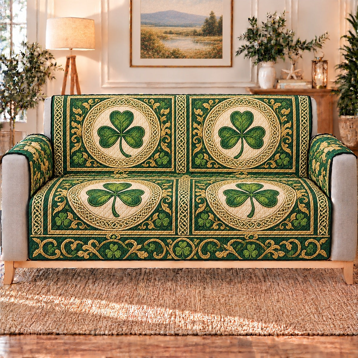 Shamrock Medallion Patchwork Sofa Cover, sofa mockup