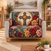 Floral Cross Red Gold Roses Sofa Cover, AI-generated armchair mockup