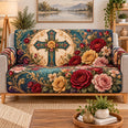 Floral Cross Red Gold Roses Sofa Cover, Decorative Couch Protector, Christian Home Decor Gift