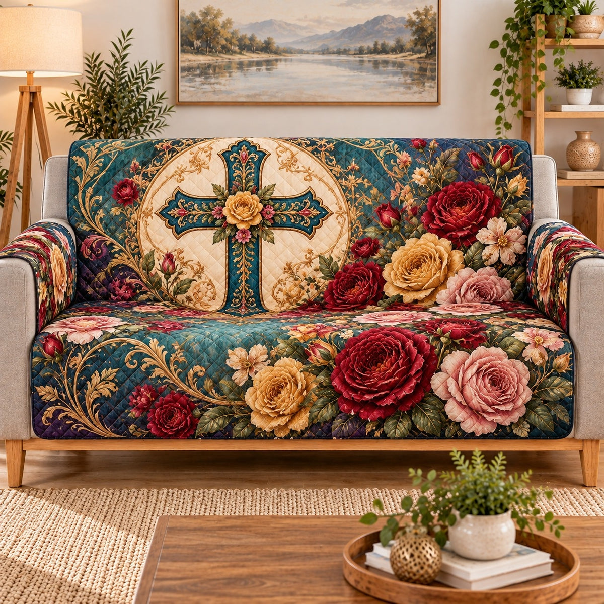Floral Cross Red Gold Roses Sofa Cover, sofa mockup