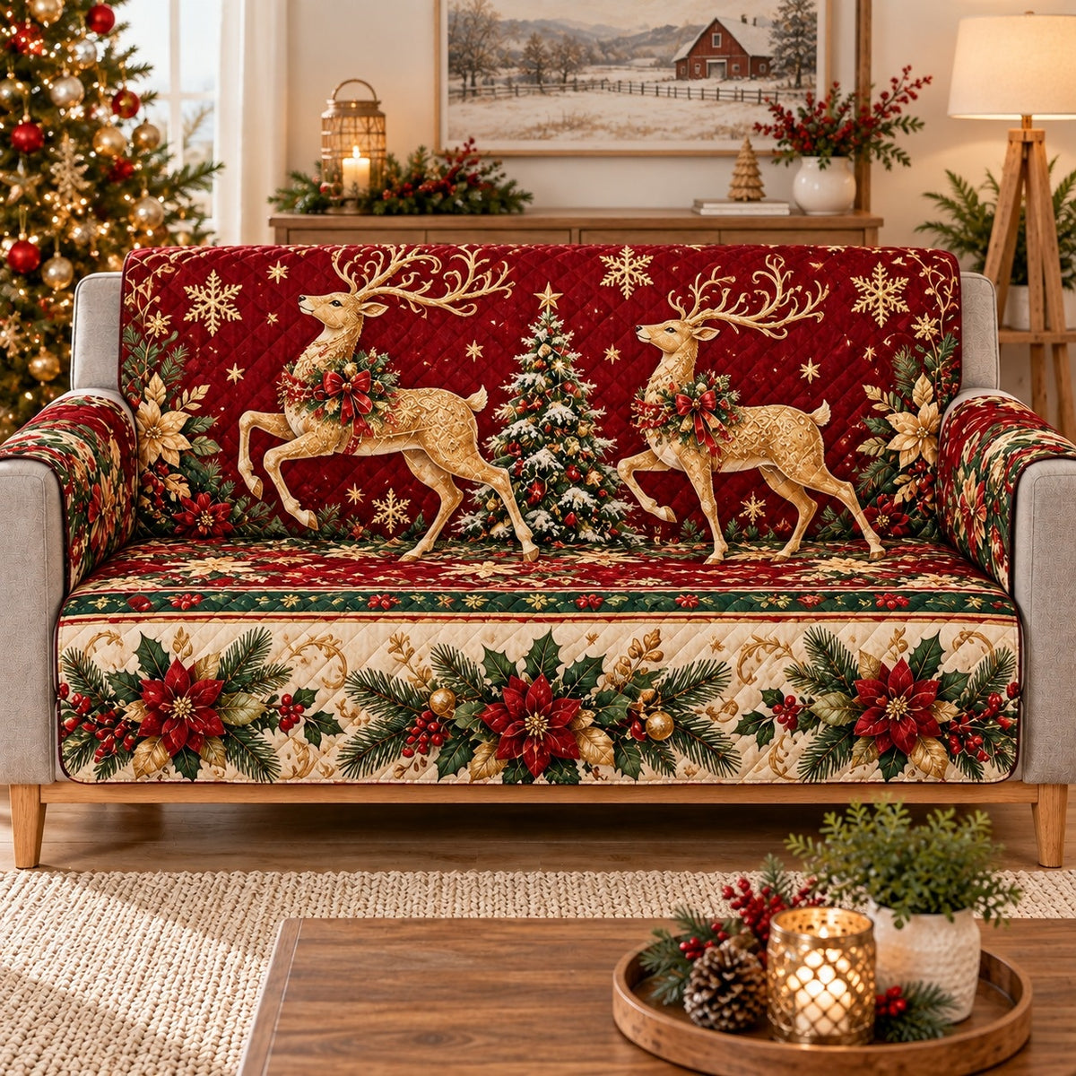 Golden Reindeer Christmas Sofa Cover, sofa mockup