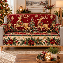 Golden Reindeer Christmas Sofa Cover, Decorative Couch Protector, Gift for Christmas Decor Lovers