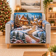 Snowy Christmas Village Sofa Cover, AI-generated armchair mockup