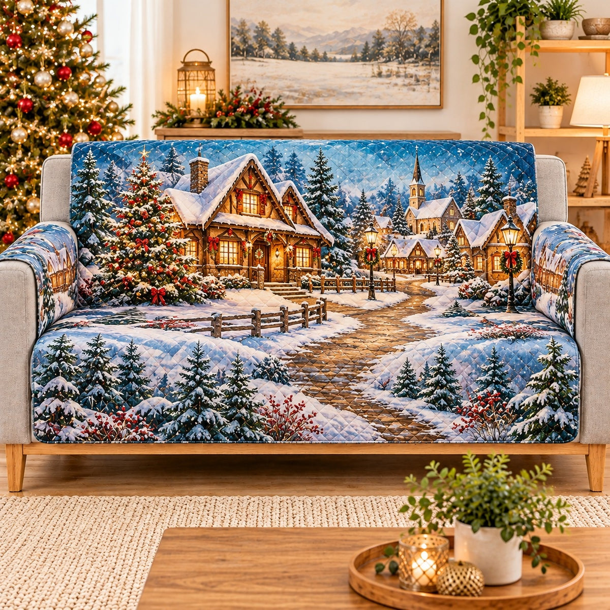 Snowy Christmas Village Sofa Cover, sofa mockup